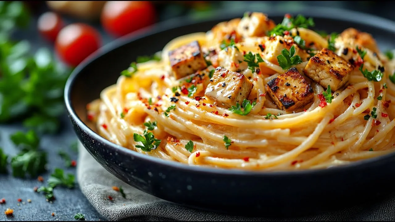 Romige plantaardige carbonara met pasta en groenten