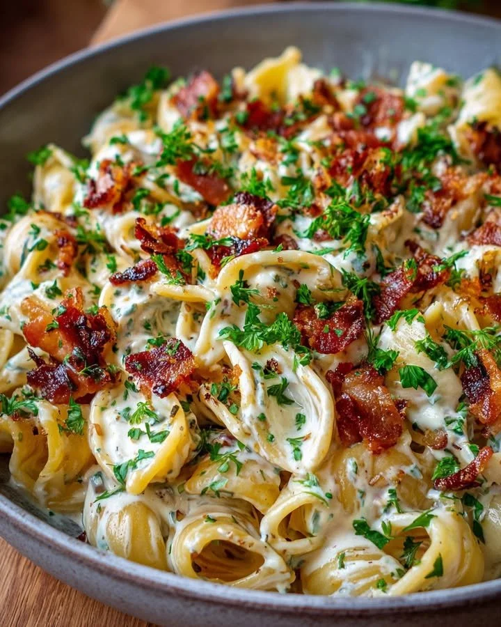 Pasta Boursin met spekjes, een smakelijk en eenvoudig recept.