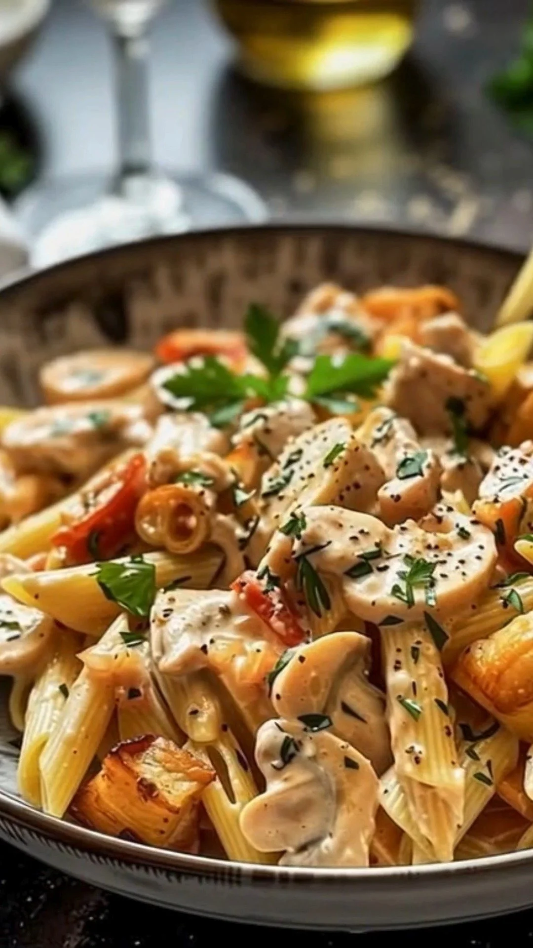 Pasta met romige kip en champignons, een smakelijk en romig gerecht.
