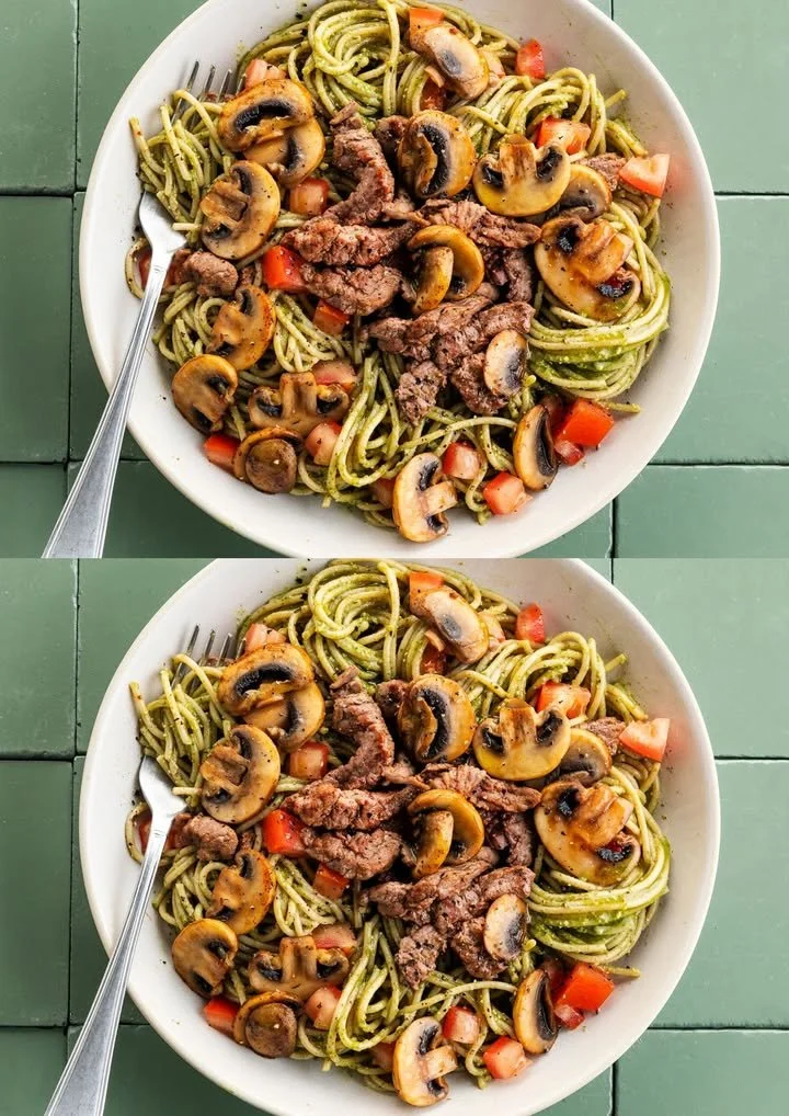 Pasta pesto met beef strips, champignons en tomaat op een bord
