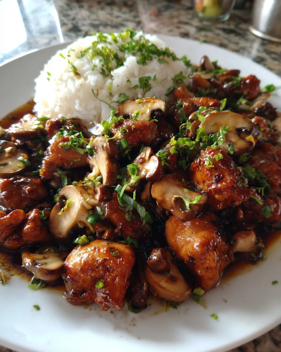 Pittige Zwarte Peper Kip met Champignons op een bord