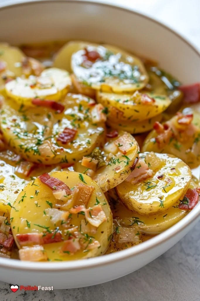 Heerlijke Poolse aardappelsalade met verse ingrediënten en een smaakvolle dressing.