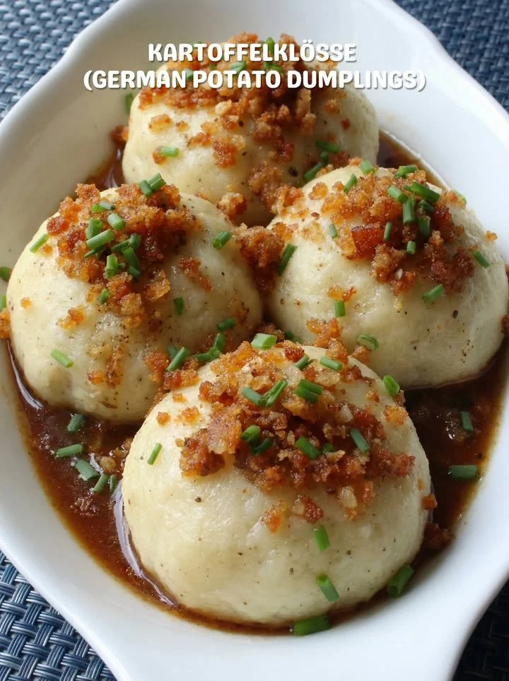 Served potato dumplings topped with herbs and sauce on a white plate