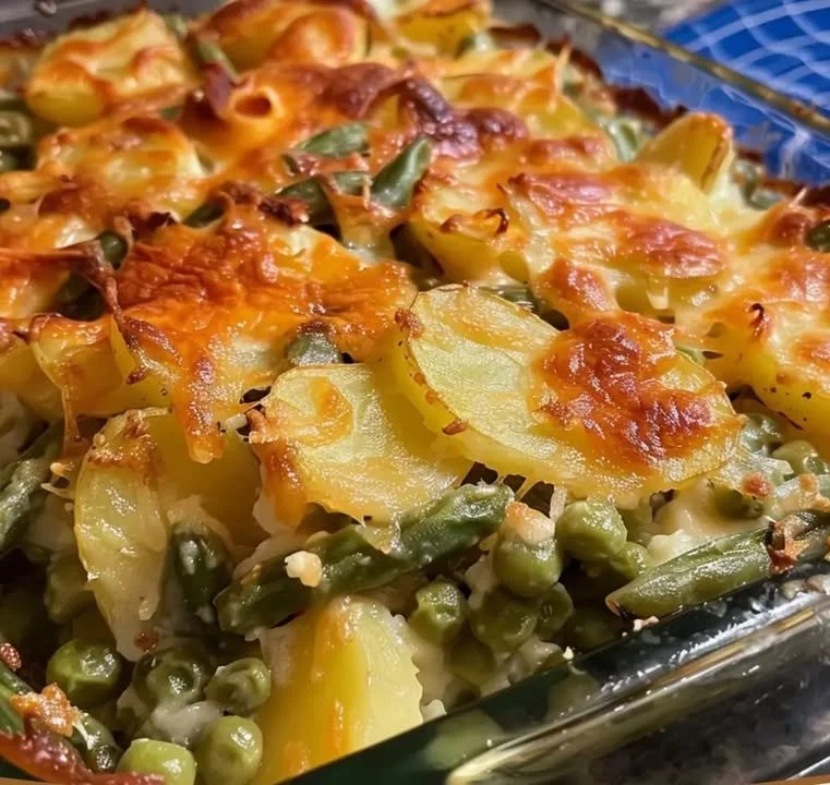 Romige Aardappel-Sperziebonen Ovenschotel met kaas en specerijen