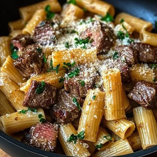 Romige knoflookbotersteak rigatoni met Parmezaanse kaas gerecht