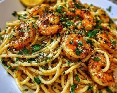 Romige pasta met knoflookboter en garnalen op een bord