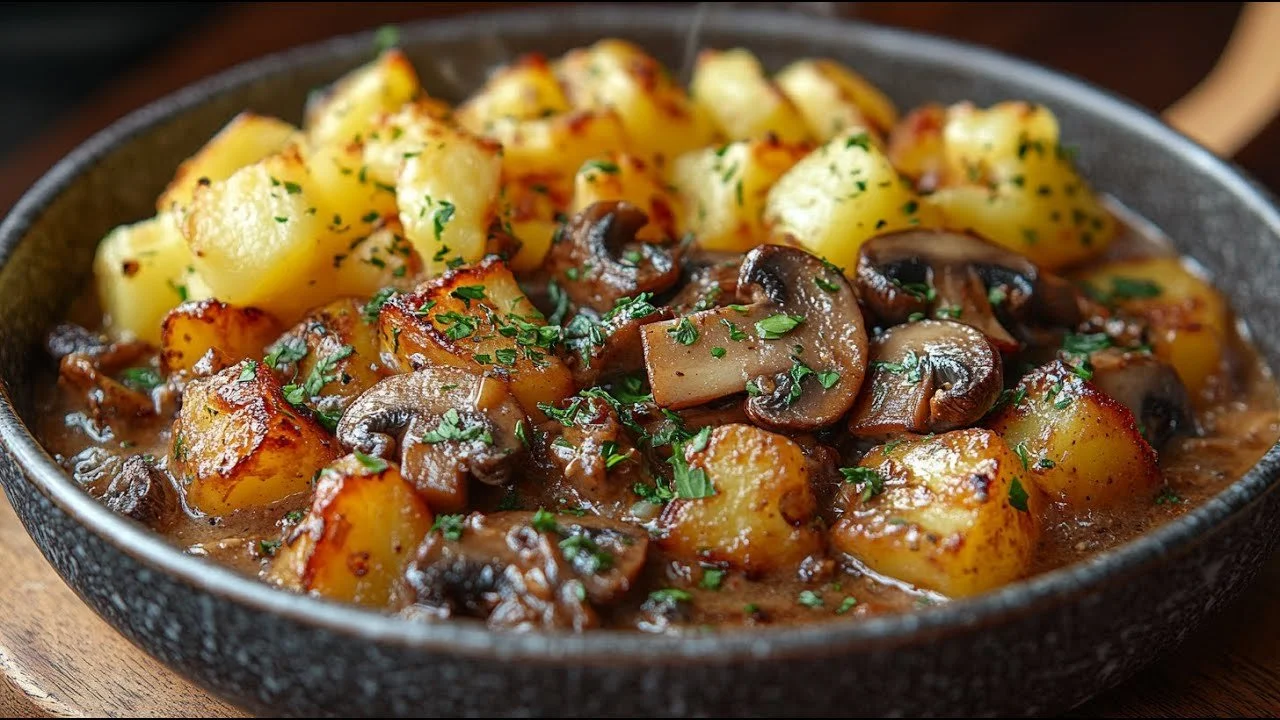 Romige ragout van champignons en aardappels op een bord gepresenteerd.