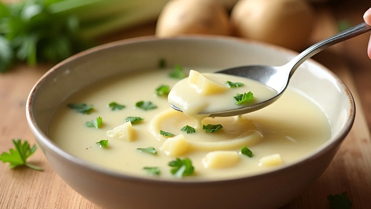 Romige soep van aardappel en prei in een kom, geserveerd met verse kruiden.