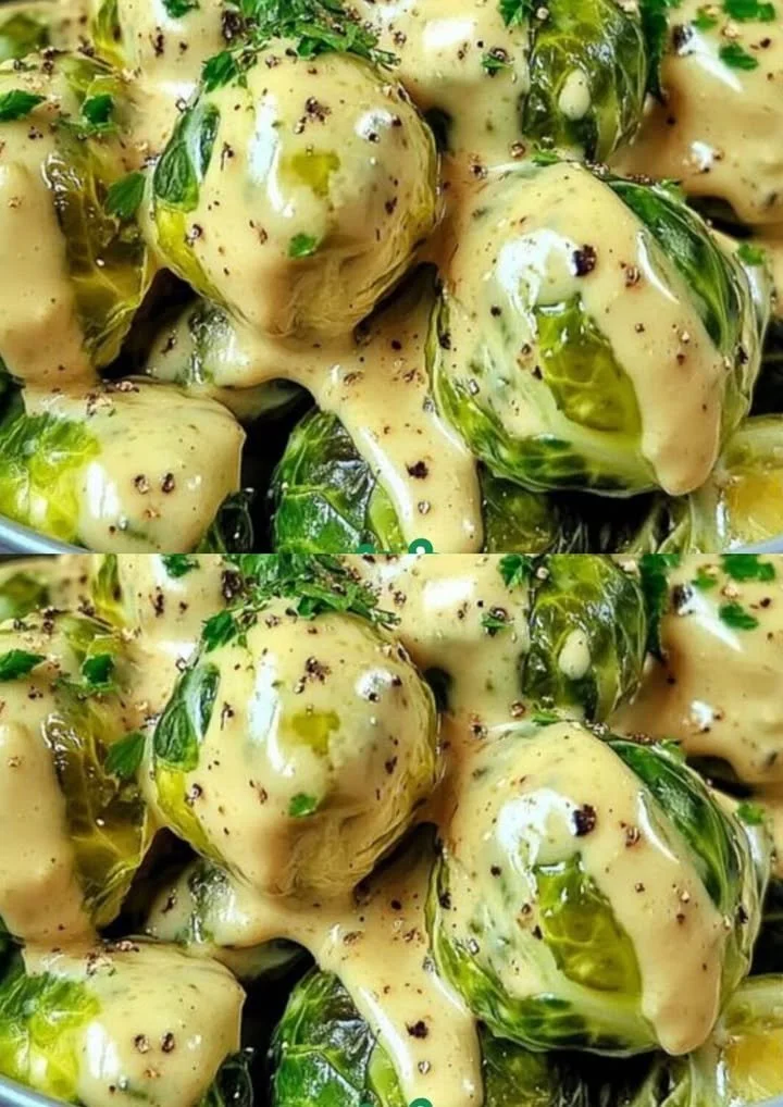 Romige spruitjes in mosterdsaus geserveerd op een bord