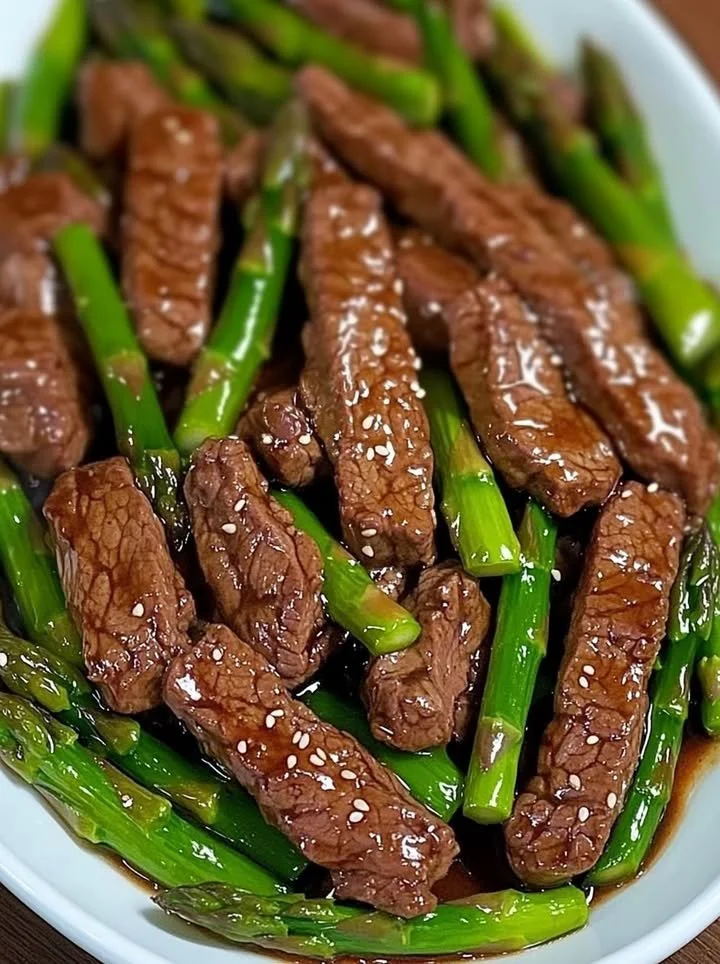 Knapperige asperges met knoflook soja rundvlees roerbakgerecht