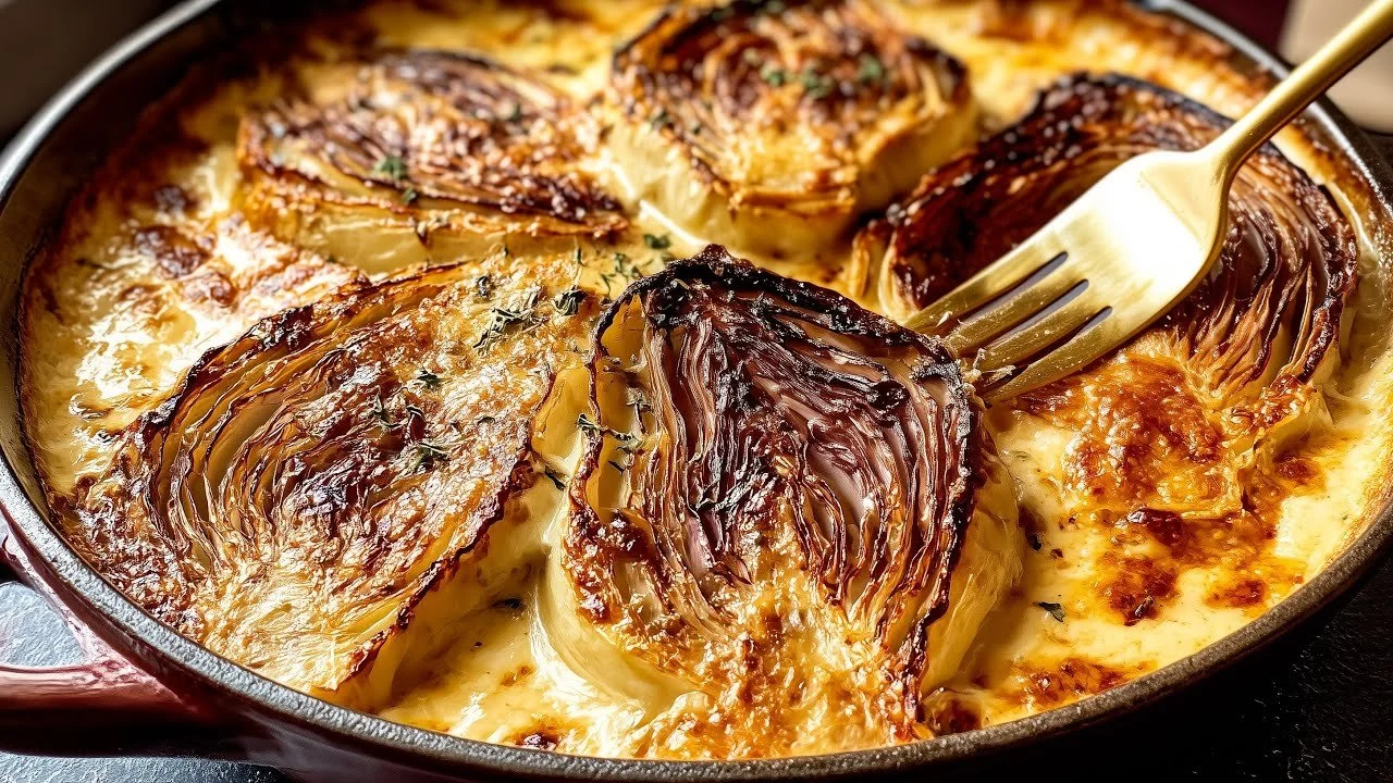 Geroosterde groene kool met ui en Gruyère, een gezond en smakelijk gerecht.