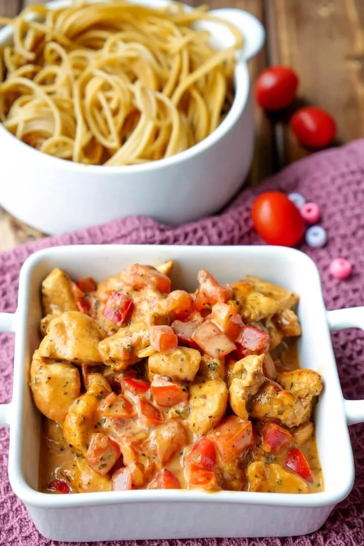 Gezond roerbakgerecht met kip en paprika in een pan