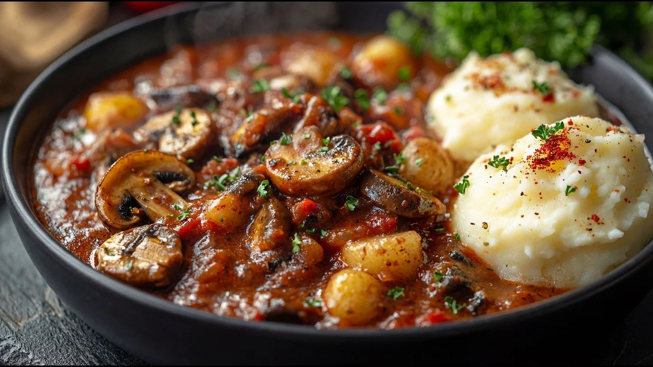 Snelle champignon goulash met verse ingrediënten en kruiden.