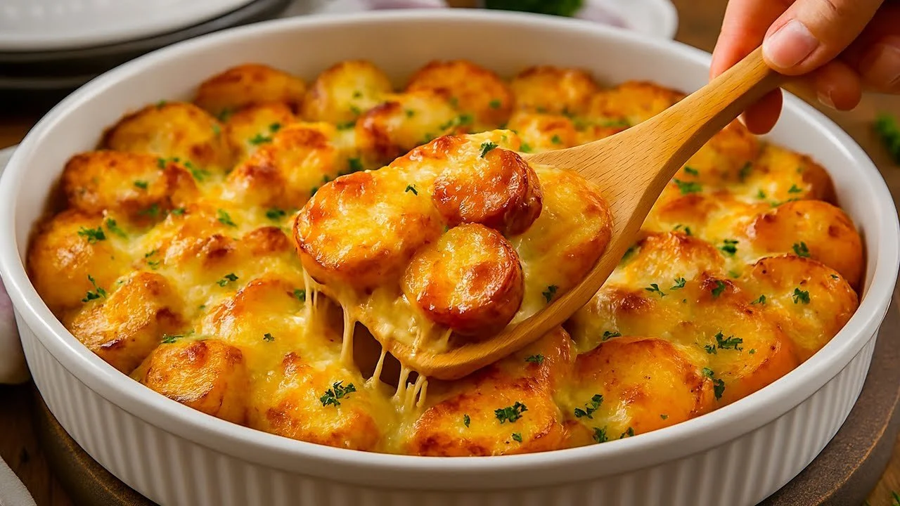 Snelle en gezonde ovenschotel met kool, aardappel en kipfilet in een glazen bak