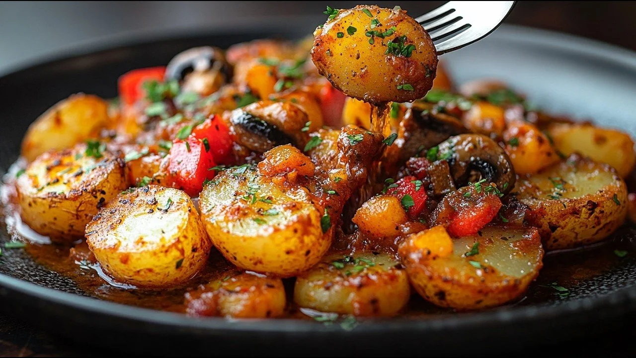 Voedzame paprika champignon aardappelragout in een kom met verse ingrediënten