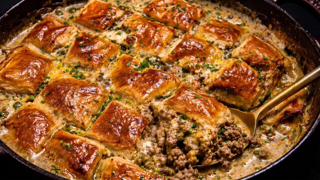 Snelle gehaktschotel met puff pastry op een bord, klaar om te serveren.