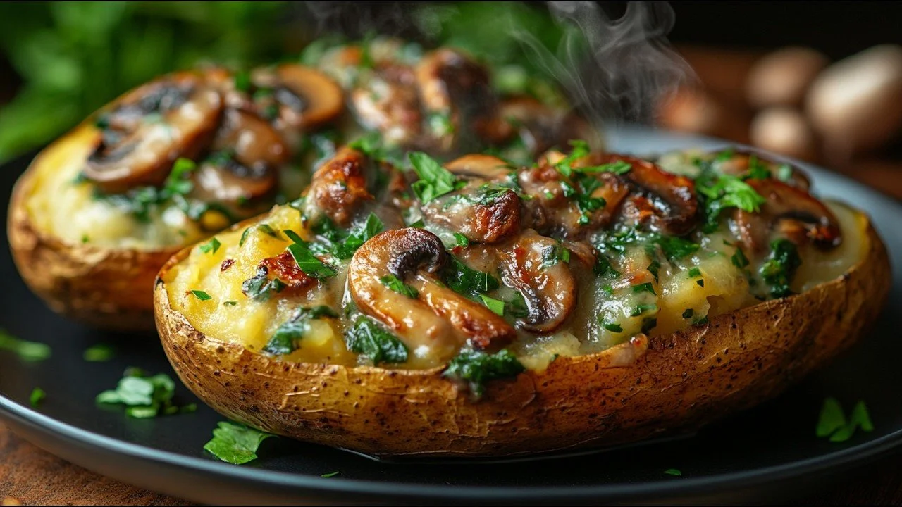 Gezonde gevulde aardappelen met champignons en spinazie op een bord