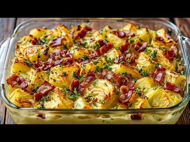 Snelle hartverwarmende ovenschotel met kool, spek en aardappelen in een pan.