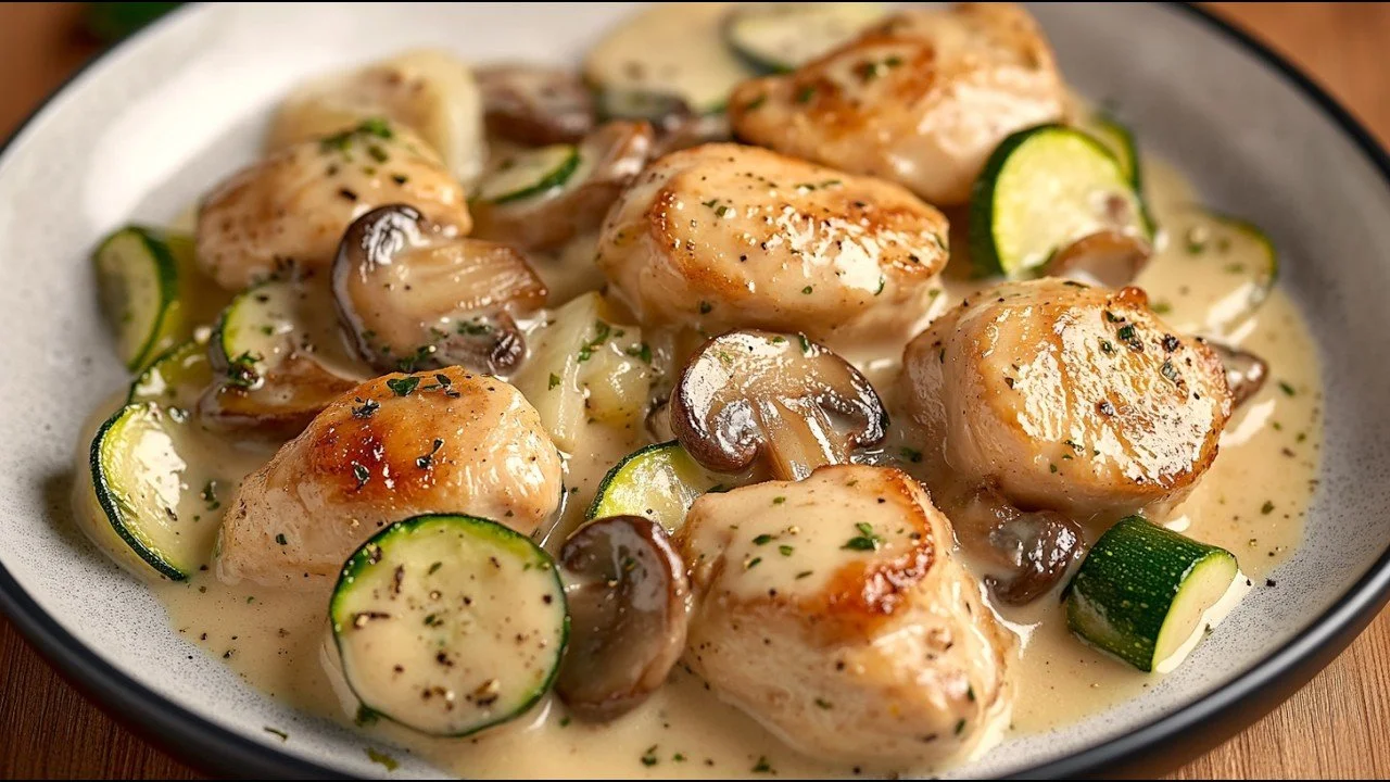 Snelle kip met courgette in heerlijke saus op een bord