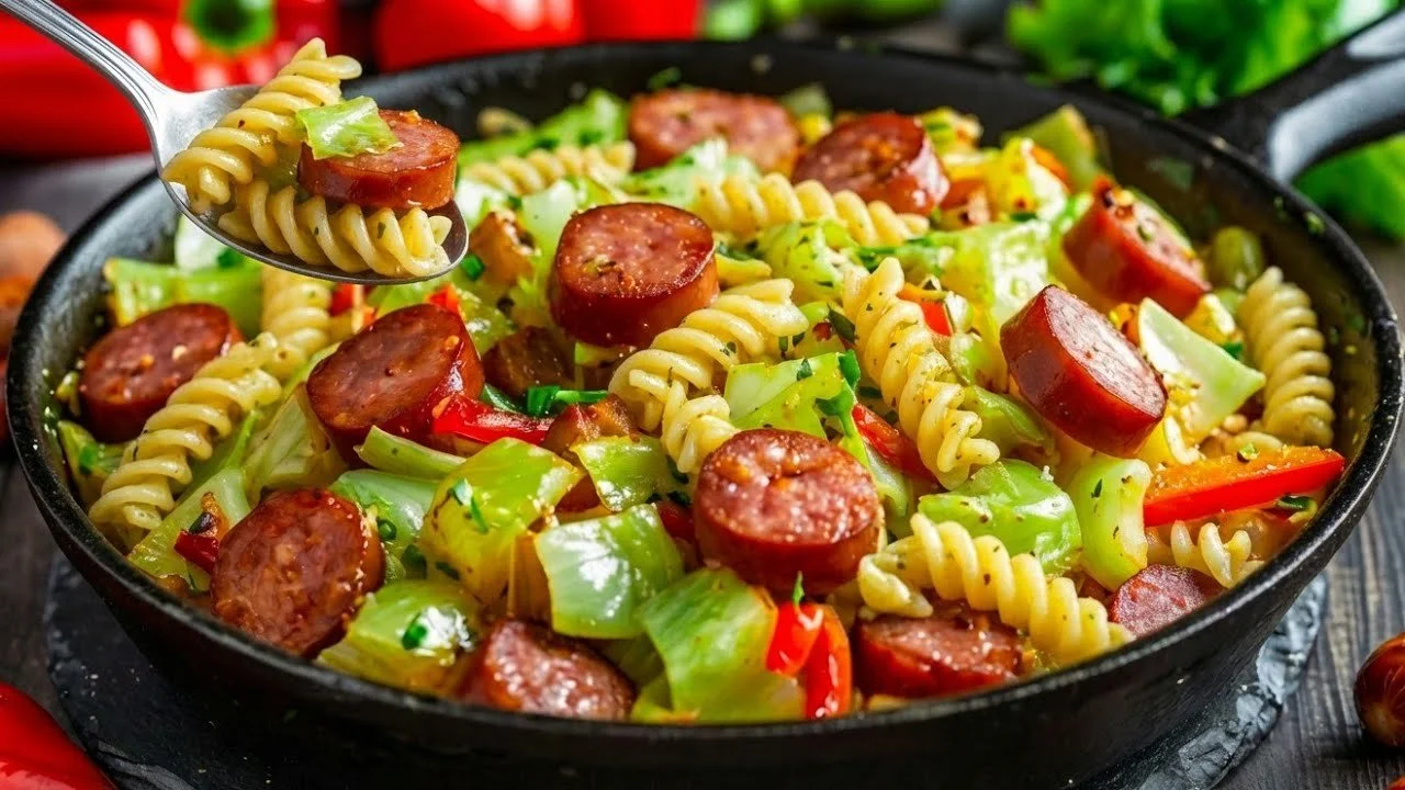 Snelle koolschotel met worstjes, spek en pasta op een bord