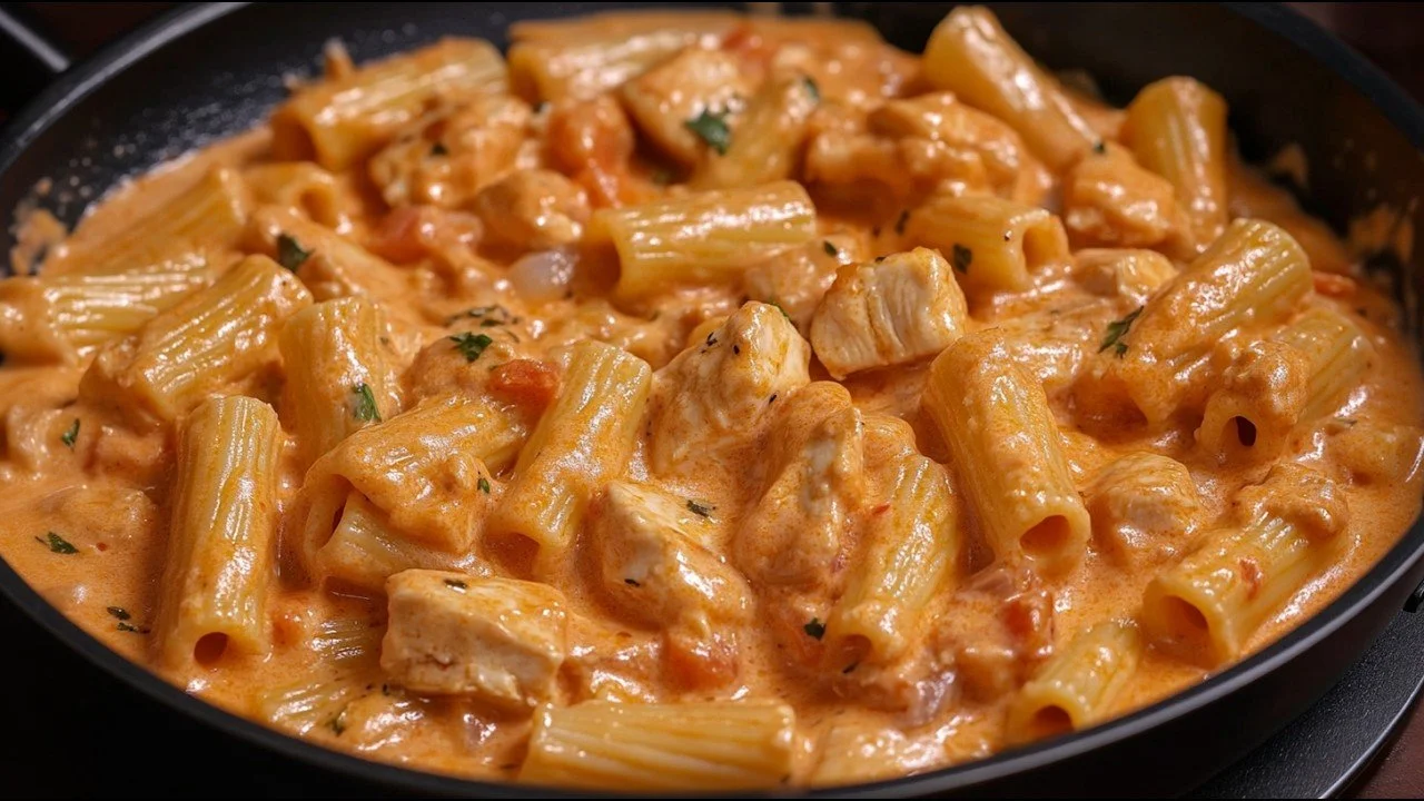 Snelle pasta met romige saus en varkenskoteletten op een bord.