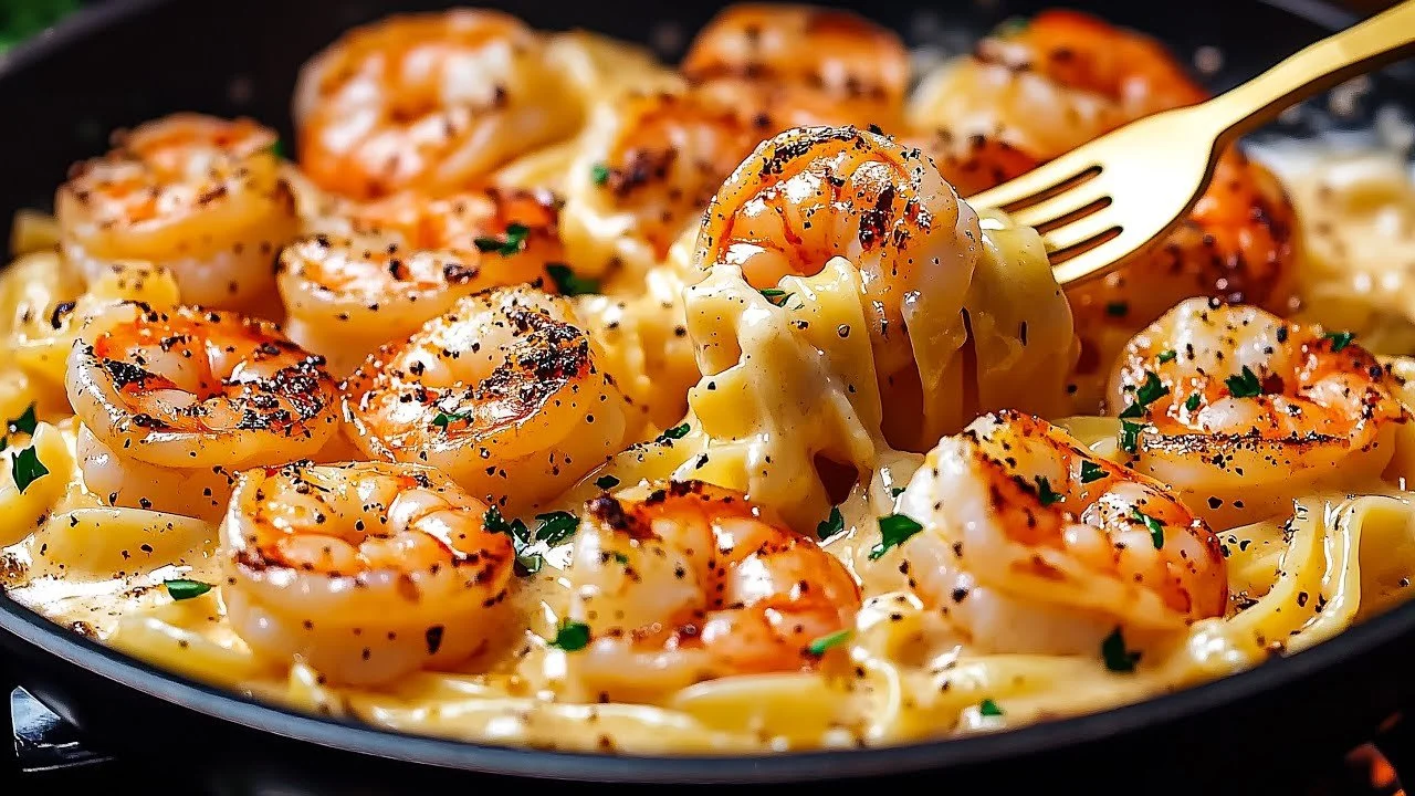 Snelle romige pasta met garnalen, perfect voor een diner.