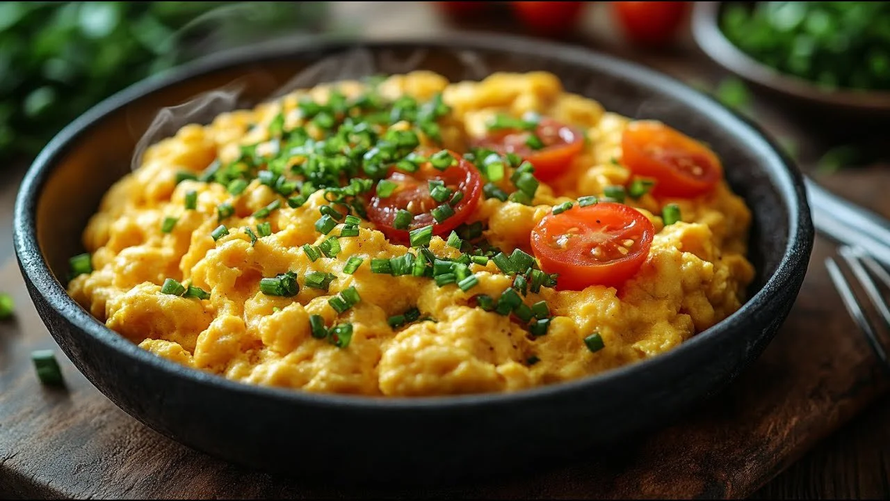Snelle vegan roerei met kikkererwtmeel, smeuïg en gezond gerecht.