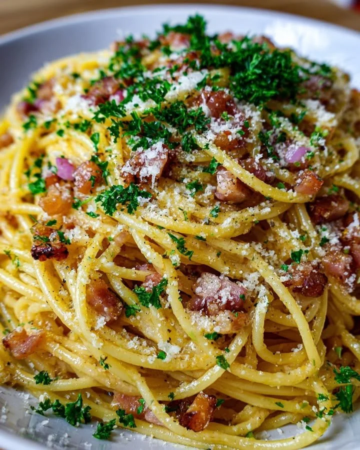 Heerlijke Spaghetti Carbonara met spek en kaas geserveerd in een kom