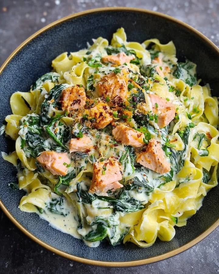 Tagliatelle met zalm, spinazie en Boursin roomsaus op een bord.