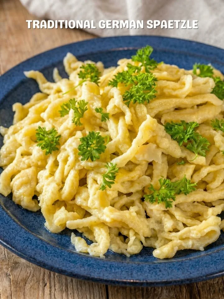A plate of traditional German noodles served with sauce and herbs.
