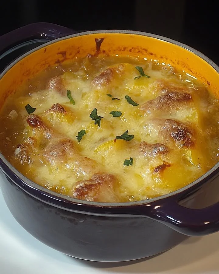 Uiensoep geïnspireerd door de marktvrouwen van Parijs, met een rijke en smaakvolle uitstraling.