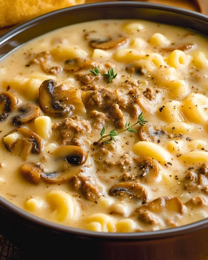 Heerlijke cheeseburgersoep met een twist van Mac & Cheese in een kom