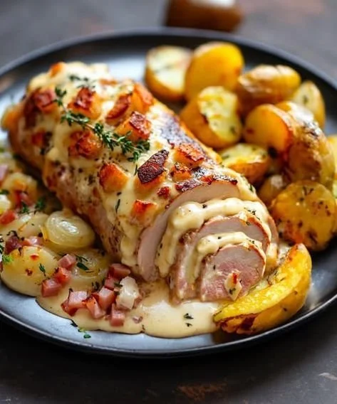 Varkenshaas met Boursin, een smakelijk gerecht op een bord.