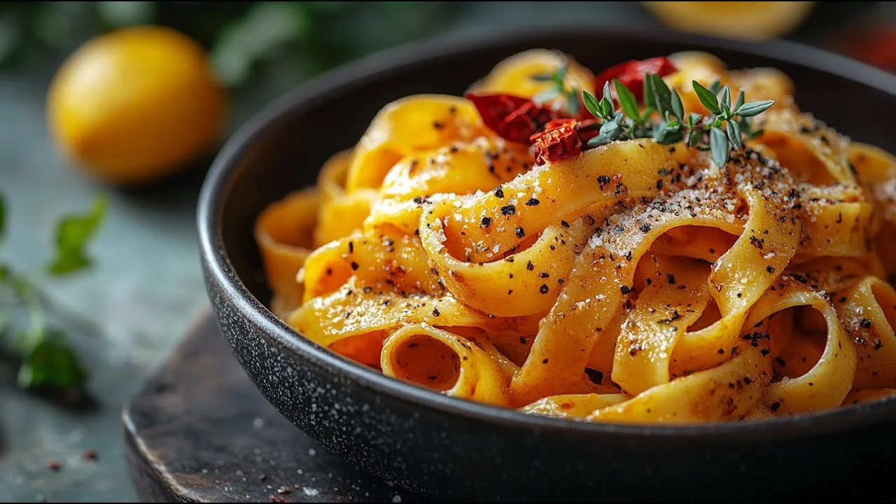 Vegan citroen tagliatelle gerecht met verse kruiden en groenten
