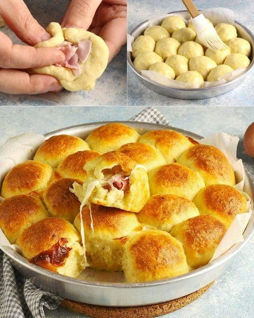 Zachte Donau aardappelbroodjes gevuld met ham en kaas.