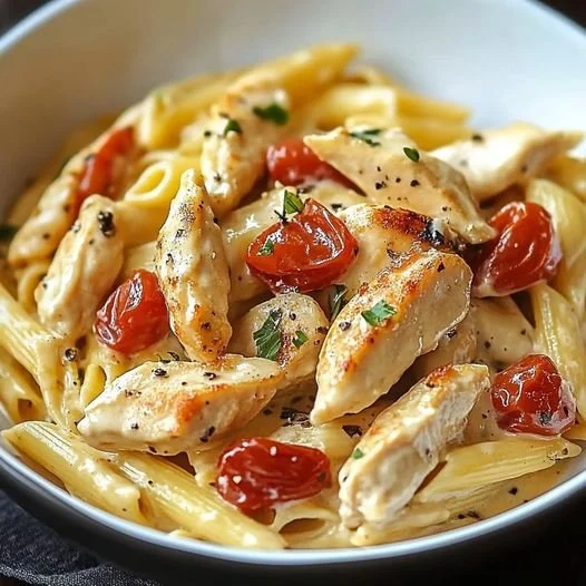 Romige pasta gerecht met heerlijke ingrediënten en een perfecte presentatie