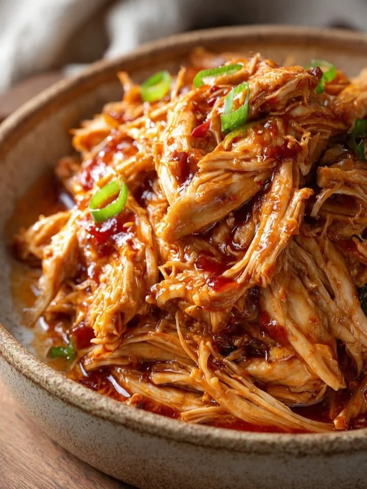 Zoete chilipulled kip met een rijke saus en heerlijke kruiden.