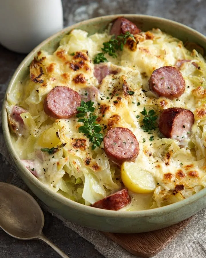Zuurkool ovenschotel met rookworst, spekjes en gesmolten kaas