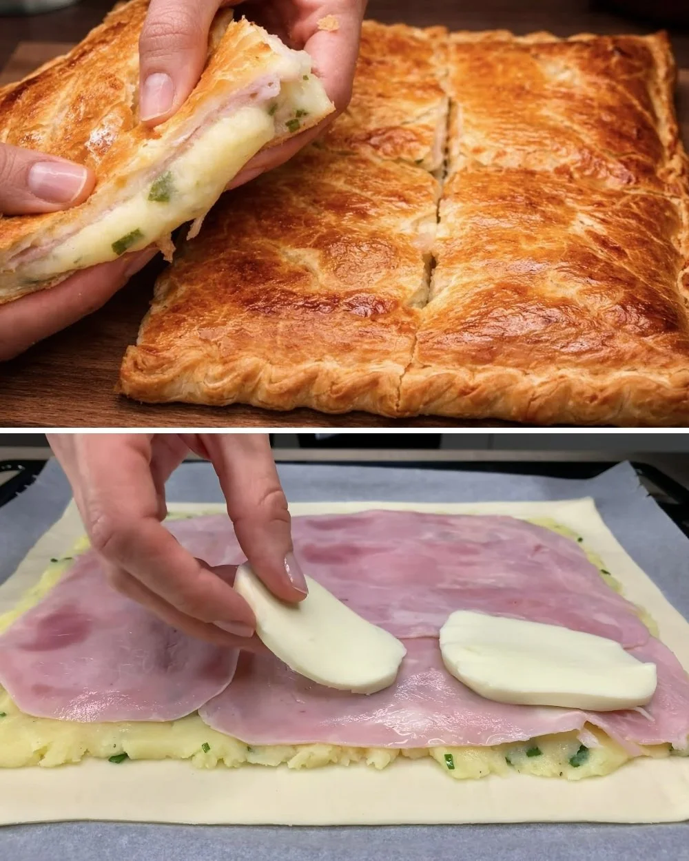 Aardappel en bladerdeeg schotel voor beginners, eenvoudig en snel te bereiden.