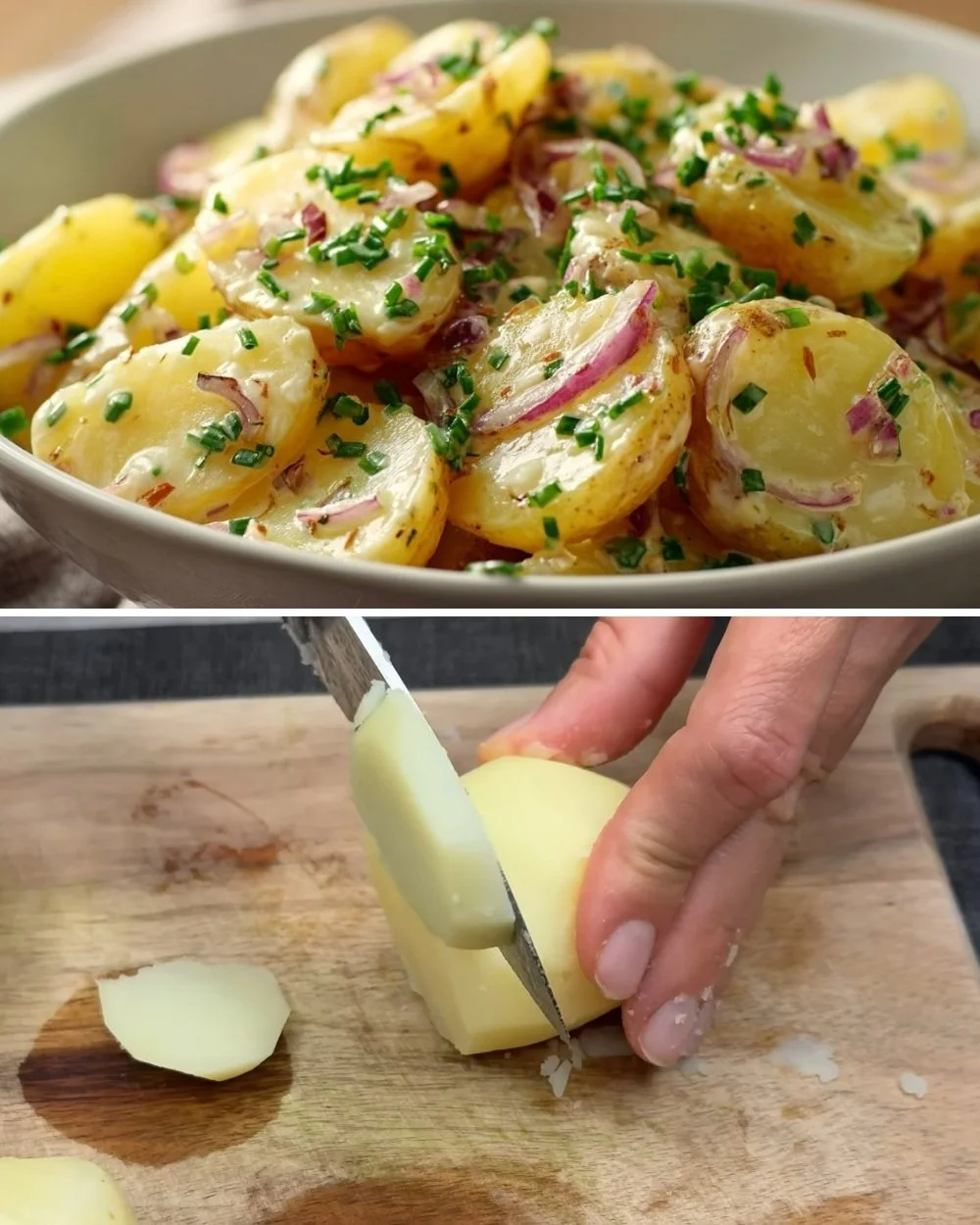 Een smakelijke aardappelsalade met verse ingrediënten en kruiden.
