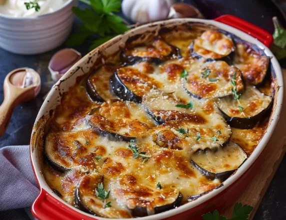 Heerlijke auberginegratin met gesmolten kaas en verse kruiden