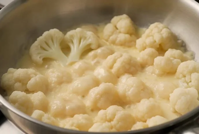 Bloemkool gegratineerd met romige kaassaus in een ovenschotel