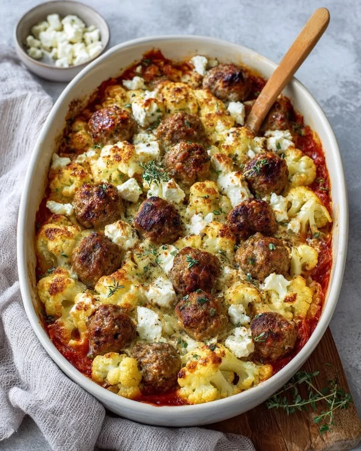 Bloemkoolovenschotel met feta en gehaktballetjes, een smakelijk gerecht.