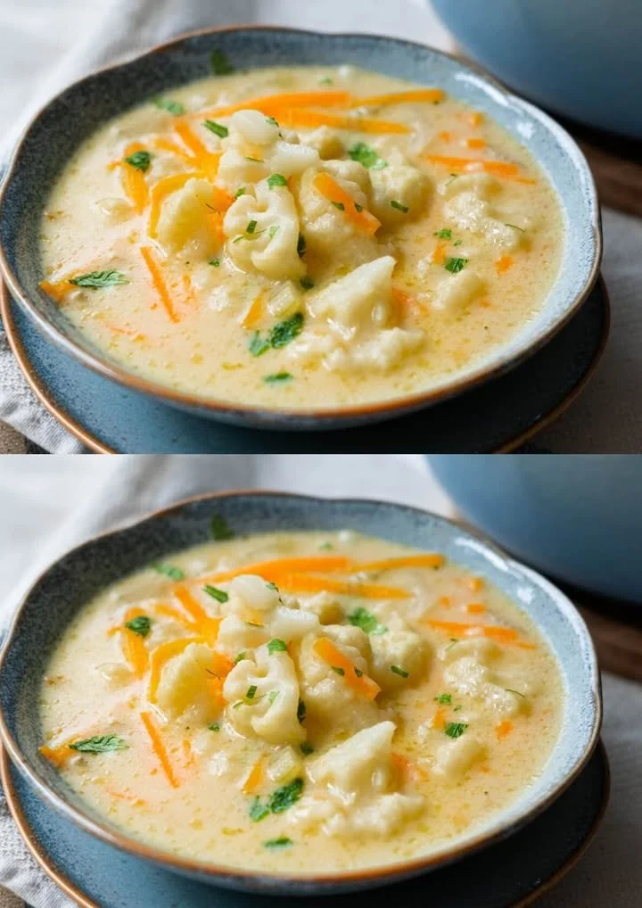 Romige bloemkoolsoep met cheddar in een kom, ideaal voor een snelle maaltijd.