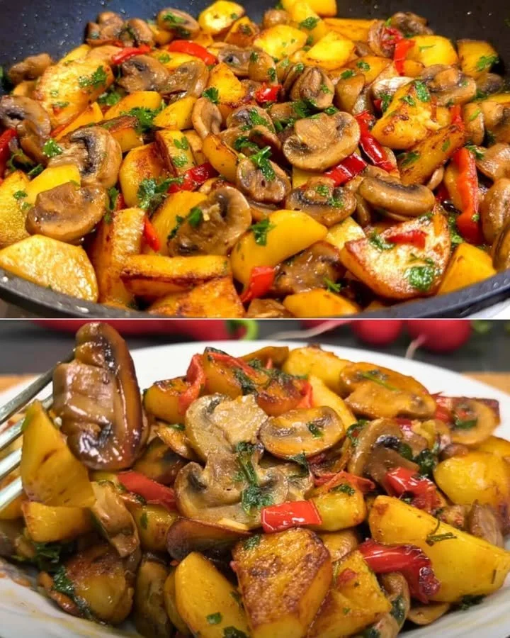 Eenvoudig recept voor champignons en aardappels in een pan.