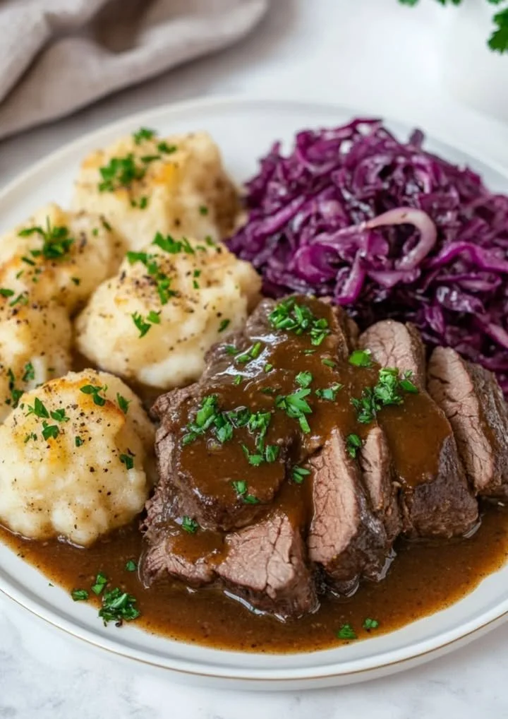 Een bord met perfect gekruide Sauerbraten, geserveerd met rode kool en aardappelen.