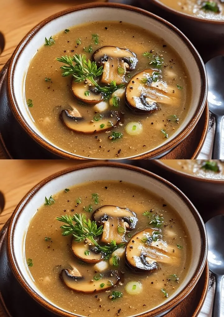 Dubbele umami champignonsoep met diverse paddenstoelen in een kom.