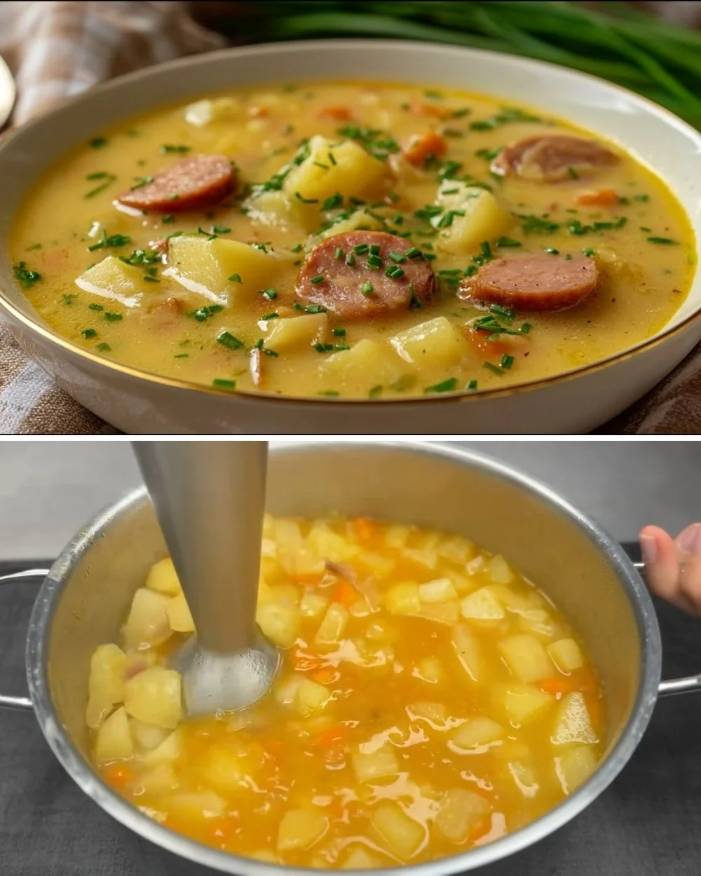 Romige Duitse aardappelsoep in een kom, perfect voor een gezellig diner.