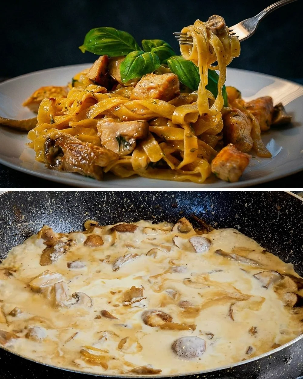 Eénpan romige kip champignon pasta met verse ingrediënten