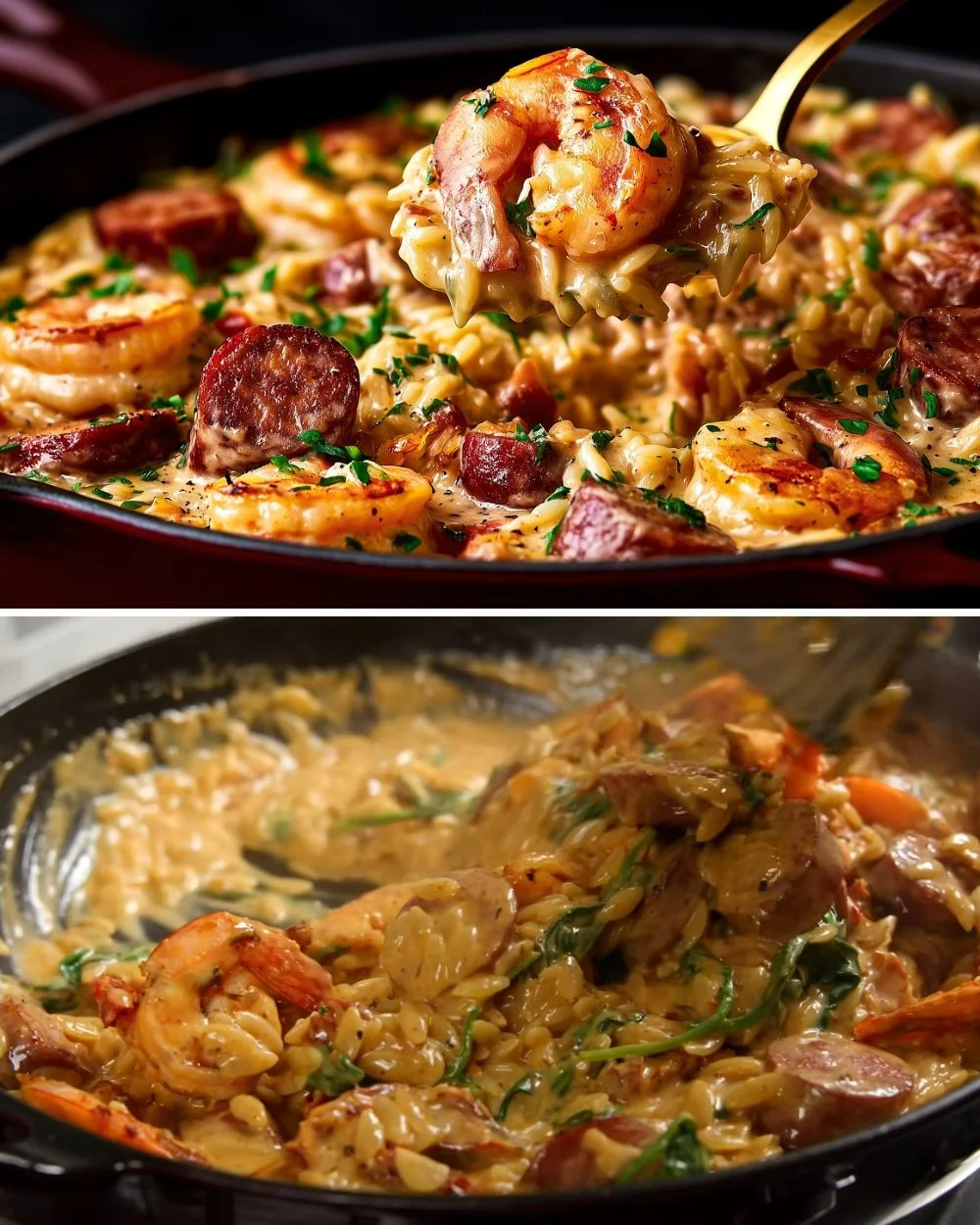 Heerlijke eenpans garnalenpasta met verse ingrediënten en kruiden.